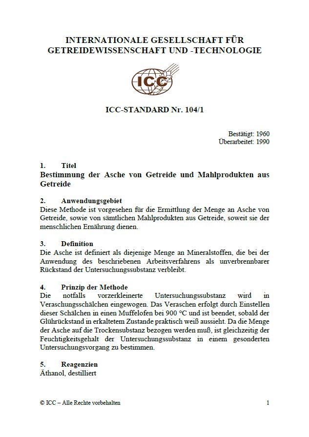 104/1 Bestimmung der Asche von Getreide und Mahlprodukten aus Getreide [PDF]