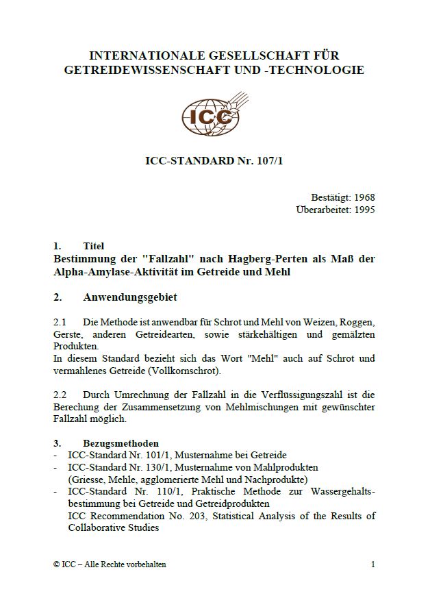107/1 Bestimmung der 'Fallzahl' nach Hagberg-Perten als Maß der Alpha-Amylase-Aktivität im Getreide und Mehl [PDF]