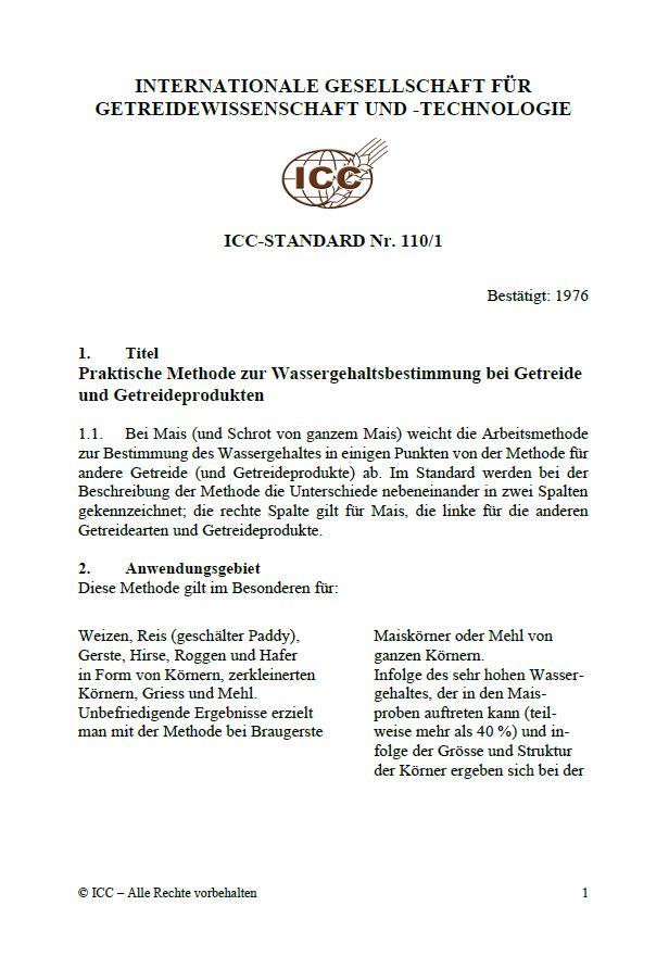 110/1 Praktische Methode zur Wassergehaltsbestimmung bei Getreide und Getreideprodukten [PDF]