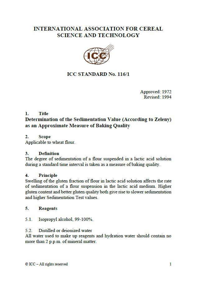 116/1 Determination of Sedimentation Value (According to Zeleny) as an Approximate Measure of Baking Quality [Print]