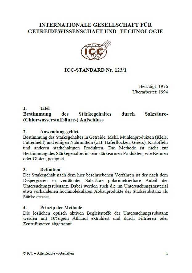 123/1 Bestimmung des Stärkegehaltes durch Salzsäure- (Chlorwasserstoffsäure-) Aufschluss [Print]