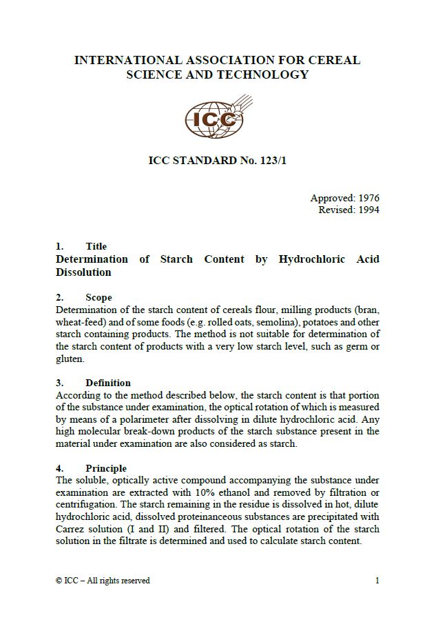 123/1 Determination of Starch Content by Hydrochloric Acid Dissolution [PDF]