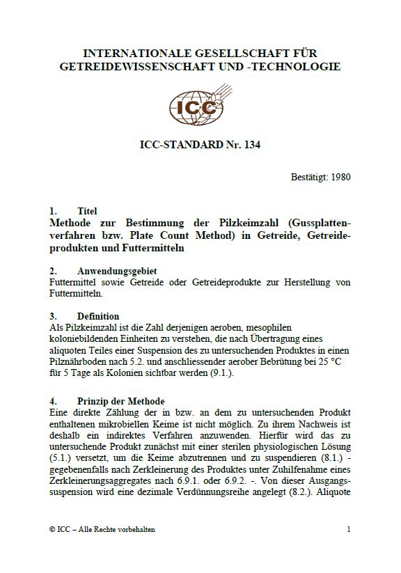 134 Methode zur Bestimmung der Pilzkeimzahl (Gussplattenverfahren bzw. Plate Count Method) in Getreide, Getreideprodukten und Futtermitteln [PDF]