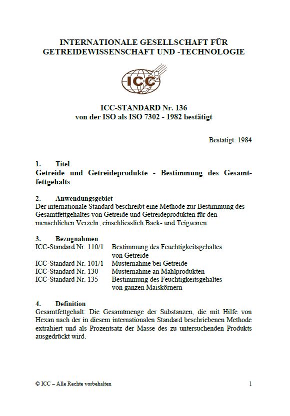 136 Getreide und Getreideprodukte - Bestimmung des Gesamtfettgehaltes [PDF]