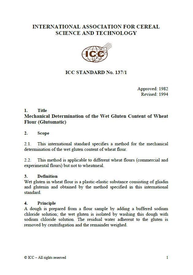137/1 Mechanical Determination of the Wet Gluten Content of Wheat Flour (Glutomatic) [PDF]