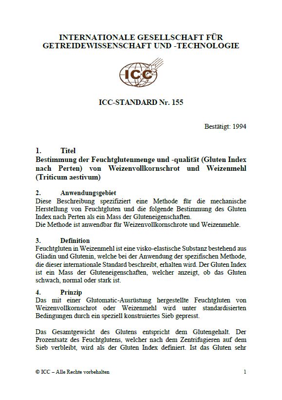 155 Bestimmung der Feuchtglutenmenge und -qualität (Gluten Index nach Perten) von Weizenvollkornschrot und Weizenmehl (Triticum aestivum) [PDF]