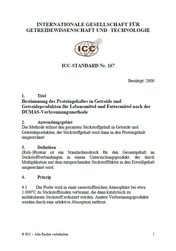 167 Bestimmung des Proteingehaltes in Getreide und Getreideprodukten für Lebensmittel und Futtermittel nach der DUMAS-Verbrennungsmethode [PDF]