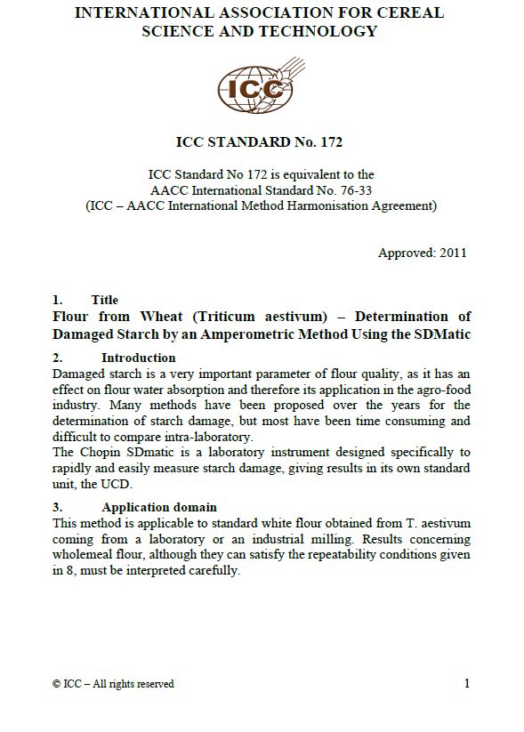 172 Flour from wheat (T. aestivum) - Determination of damaged starch by an Amperometric method using the Chopin SDMatic [PDF]