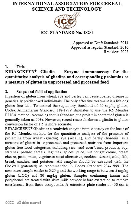 182/1 RIDASCREEN ® Gliadin – Enzyme Immunoassay for the Quantitative Analysis of Gliadins and Corresponding Prolamines as a Measure of Gluten in Unprocessed and Processed Food [PDF]