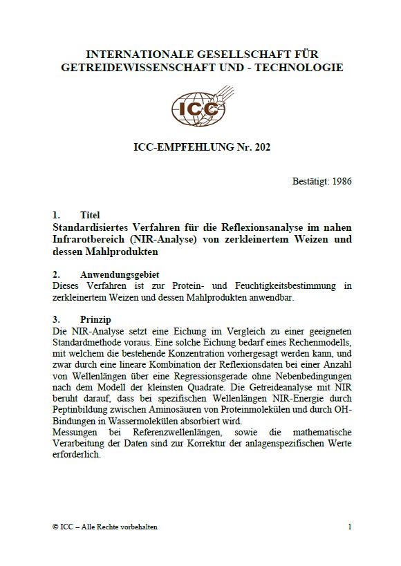 202 Standardisiertes Verfahren für die Reflexionsanalyse im nahen Infrarotbereich (NIR-Analyse) von zerkleinertem Weizen und dessen Mahlprodukten [PDF]