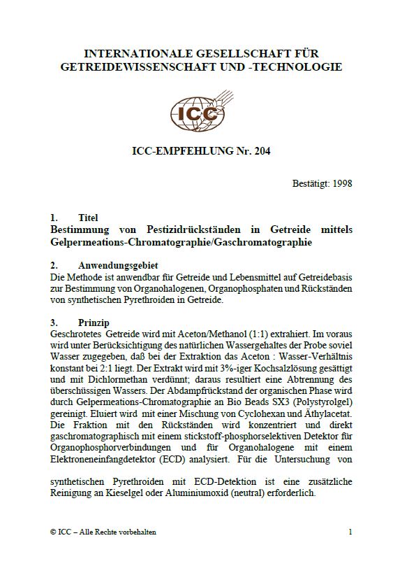 204 Bestimmung von Pestizidrückständen in Getreide mittels Gelpermeations-Chromatographie/Gaschromatographie [PDF]