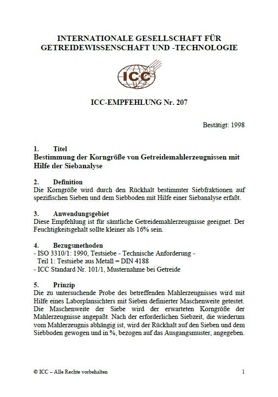 207 Bestimmung der Korngröße von Getreidemahlerzeugnissen mit Hilfe der Siebanalyse [PDF]