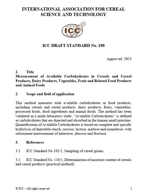 190 Measurement of Available Carbohydrates in Cereals and Cereal Products, Dairy Products, Vegetables, Fruit and Related Food Products and Animal Feeds (DRAFT) [Print]