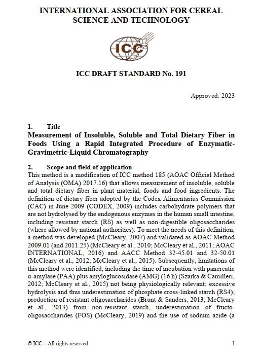 191 Measurement of Insoluble, Soluble and Total Dietary Fiber in Foods Using a Rapid Integrated Procedure of Enzymatic-Gravimetric-Liquid Chromatography (DRAFT 2023)  [PDF]